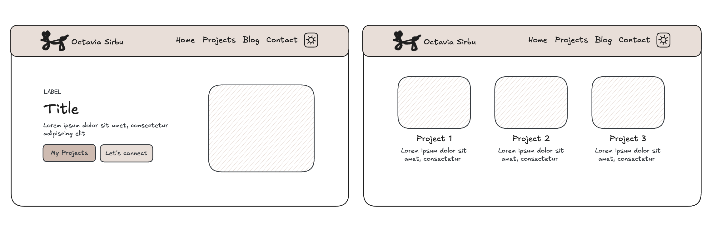 Sketches and layout explorations for portfolio pages and components in Figma
