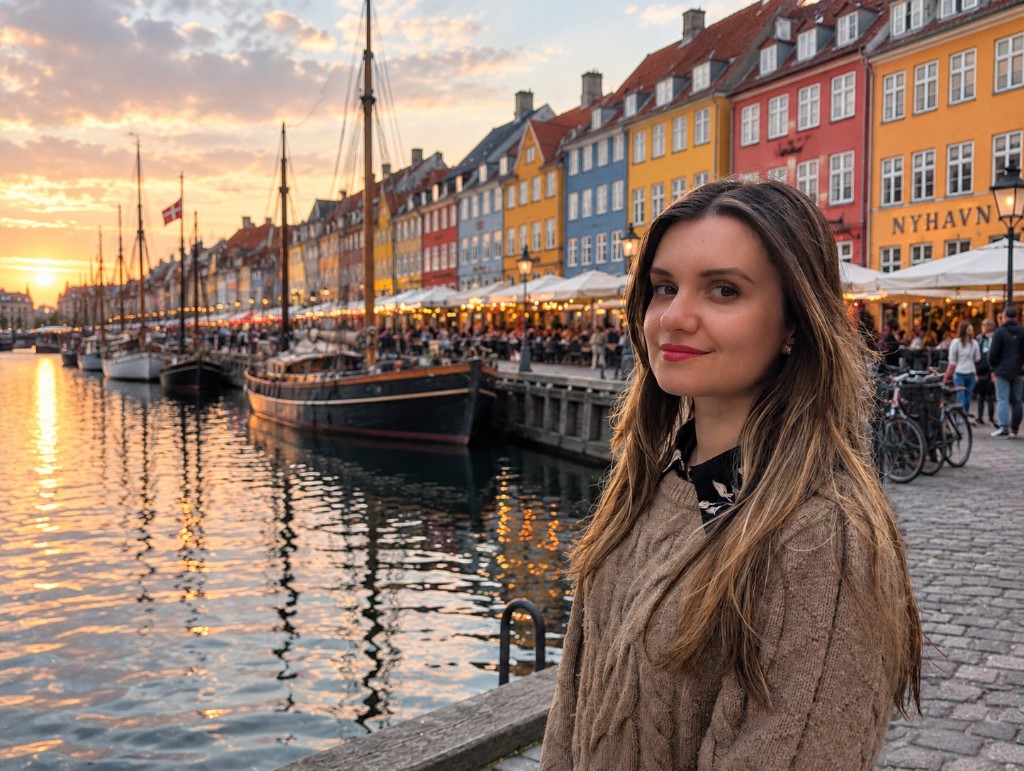 Octavia Sirbu on the Nyhavn quay in Copenhagen at sunset