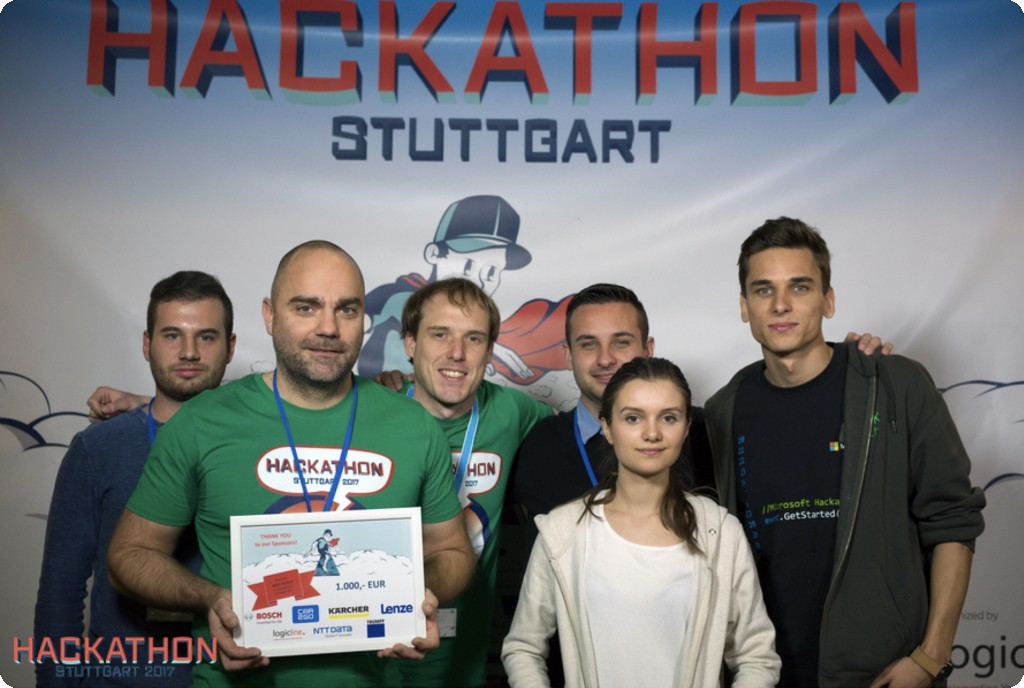Team at Hackathon Stuttgart 2017 holding the Best Pitch Clean Car award certificate